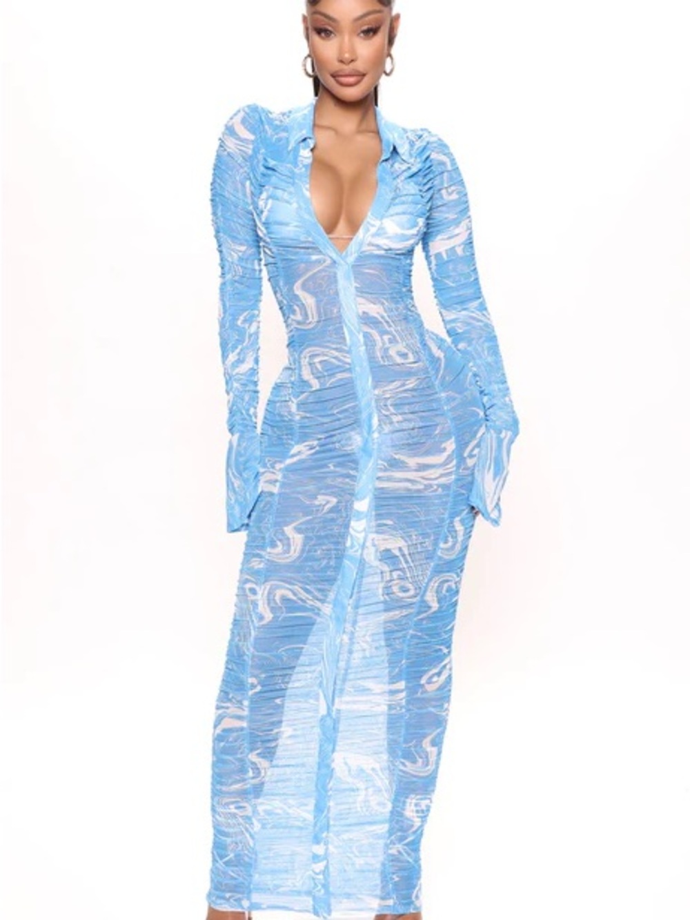 Fashion Nova Blue Sheer Marble Print Maxi Dress